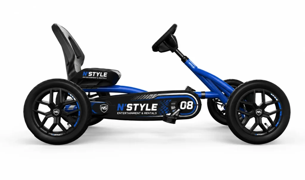 A Sleek blue and black pedal go-kart