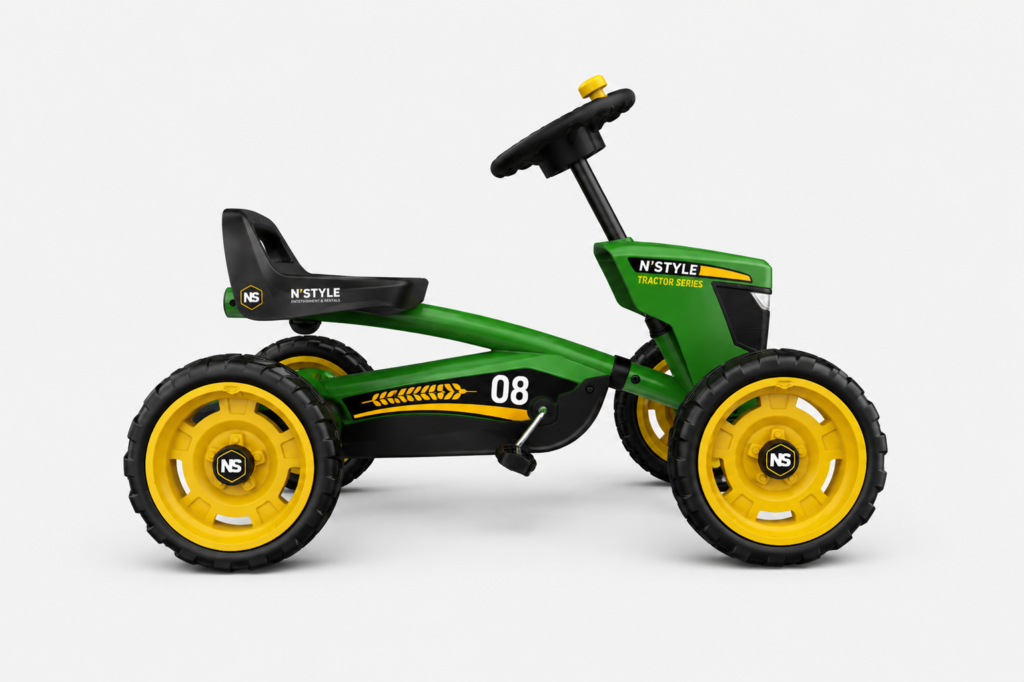 Bright green pedal tractor on display