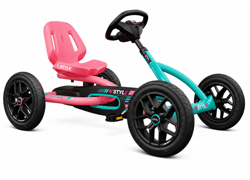 Colorful children’s pedal go-kart on white