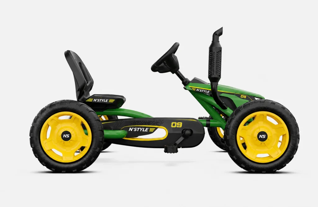Green and black go-kart with yellow wheels