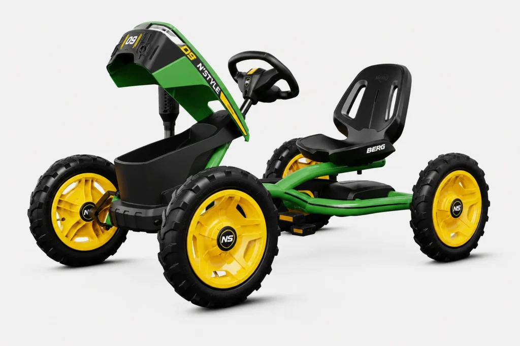 Green-and-yellow pedal kart product shot