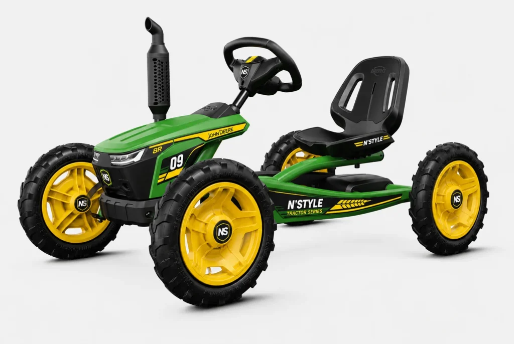Green and yellow pedal tractor vehicle