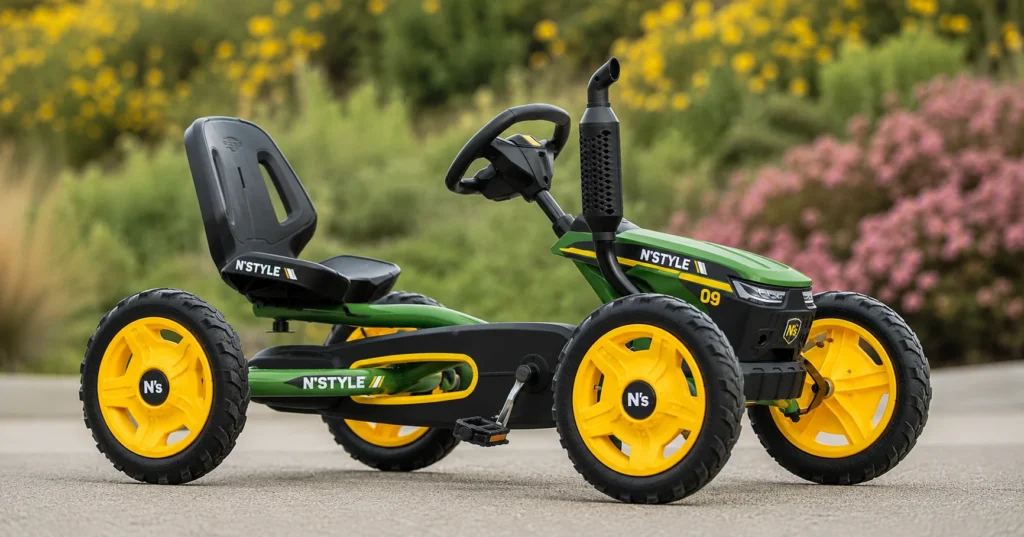 Kids pedal go-kart in garden setting