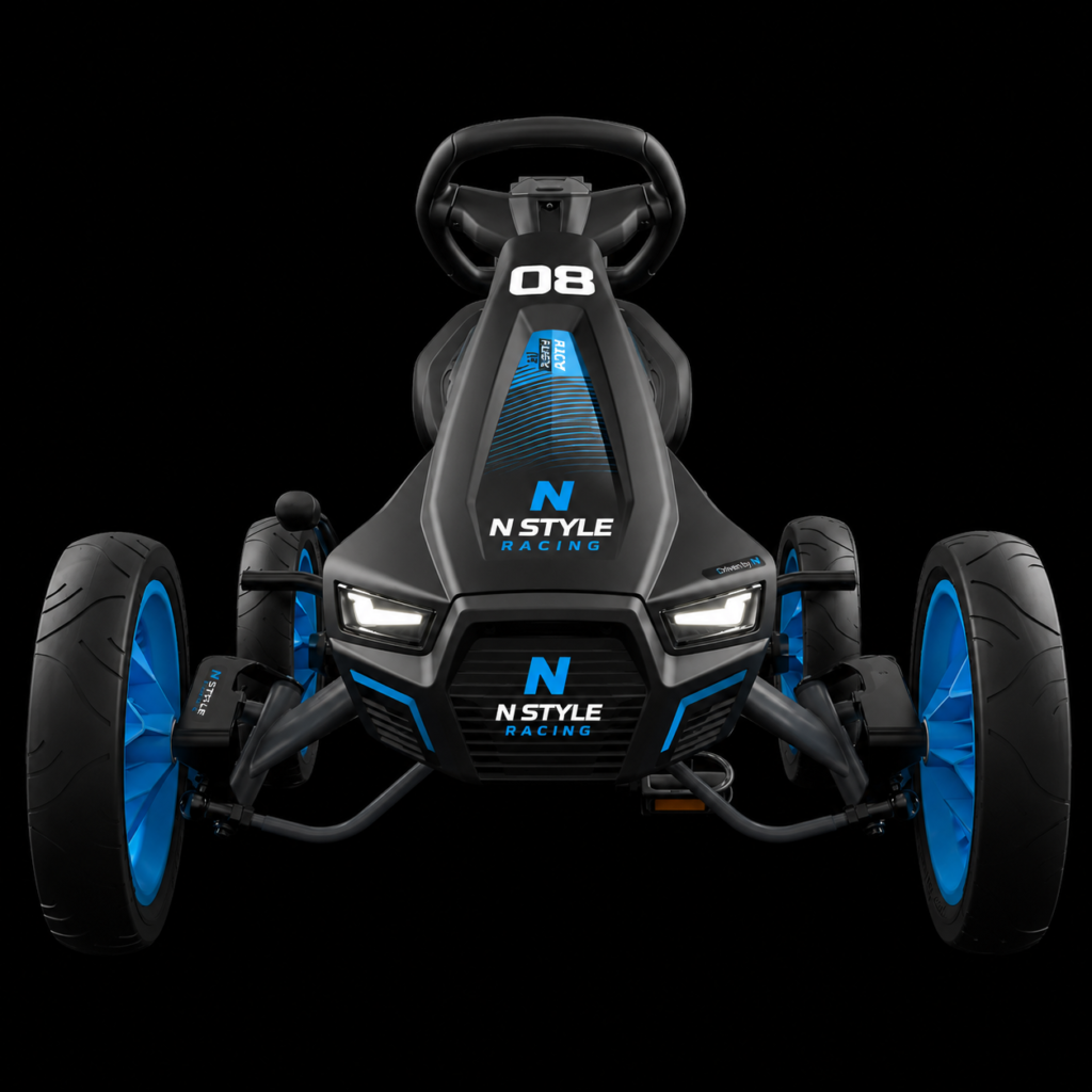 Sleek black go-kart with blue accents
