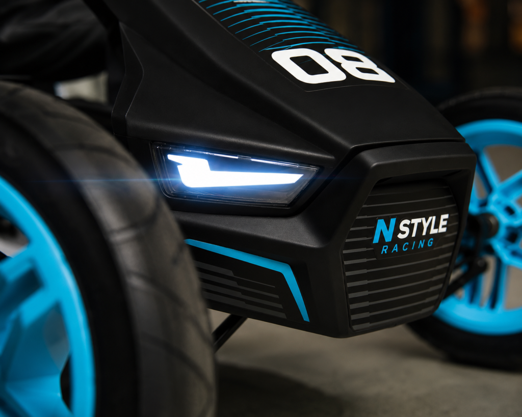 Sleek black go-kart with blue accents (2)