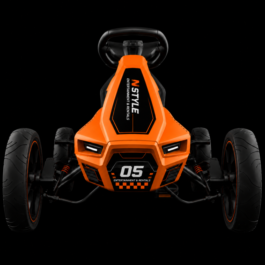 Sleek racing kart on black backdrop
