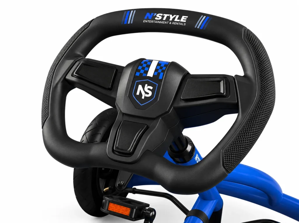 Sporty go-kart steering wheel close-up