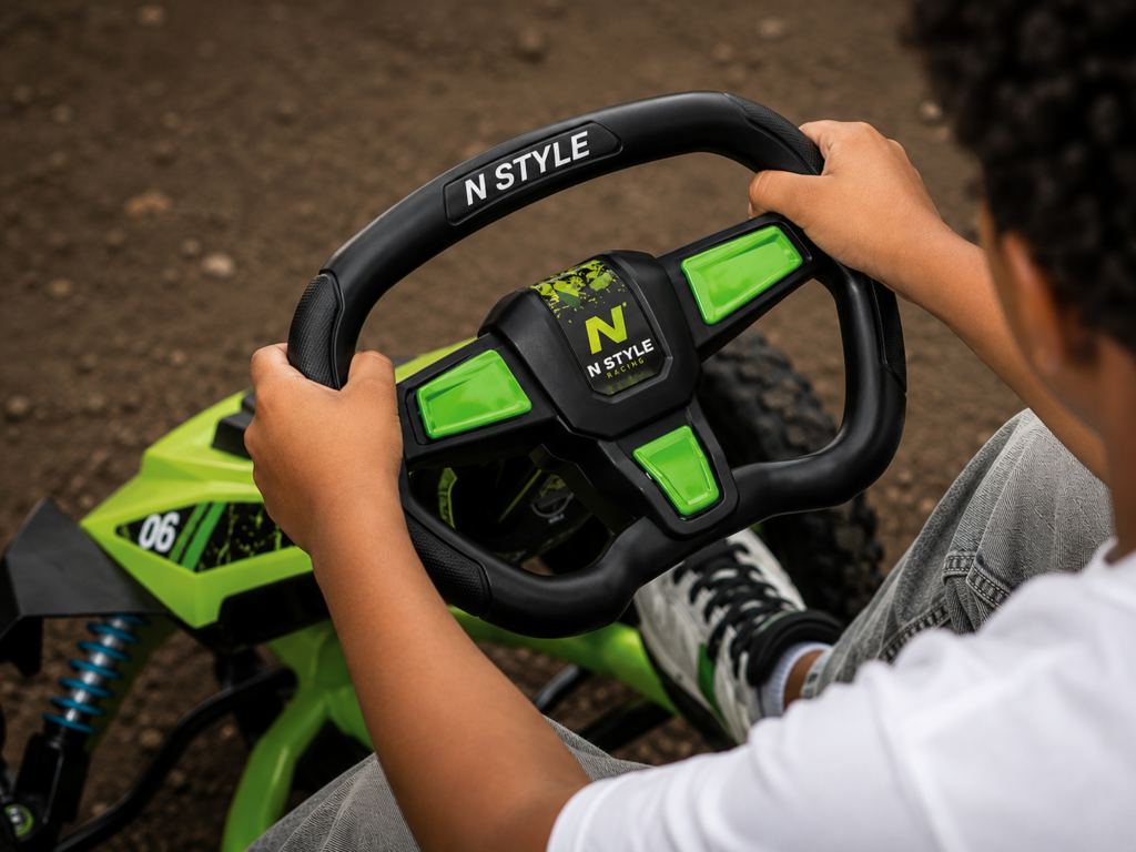 Young driver in green go-kart